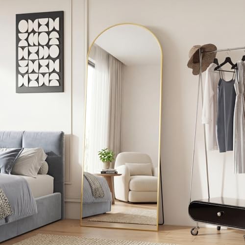 Sweetcrispy 65"x24" Arched Full Length Mirror, Full Body Mirror, Gold | Aluminum Alloy Thin Frame, Floor or Standing, Suitable for Bedroom, Living Room, Cloakroom - color: Gold-arched, size: 65"L x 24"W