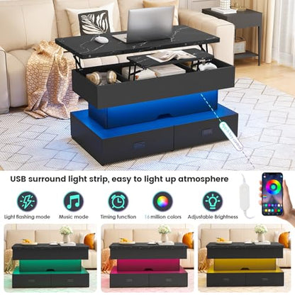 Turosur 40" Lift Top Coffee Table, LED Coffee Tables with Storage and 4 Drawers, Coffee Table with Lifting top for Living Room Home Office, Black - color: Black