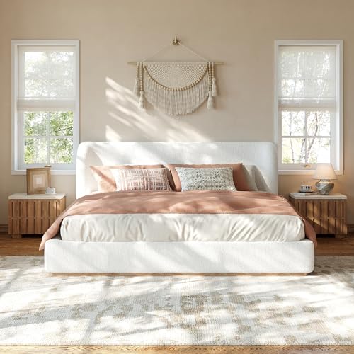Boucle Upholstered Platform Bed Frame with Thick Curved Wingback Headboard,Modern King Size Low Profile Platform Bed with Grounded Design and Sturdy Solid Wood Slat Support‌,White - color: White, size: King