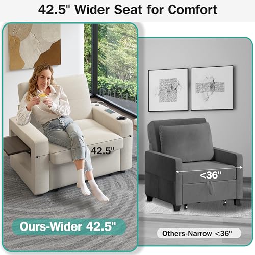 Sunny Heart 42.5" W Oversized Sleeper Chair Bed, 3-in-1 Convertible Reclining Sofa Chair with Pull Out Couch Bed, Adjustable Backrest, Side Pockets, Cup Holder, USB Ports & Side Table, Premium Beige - color: Beige, size: 42.5 inch