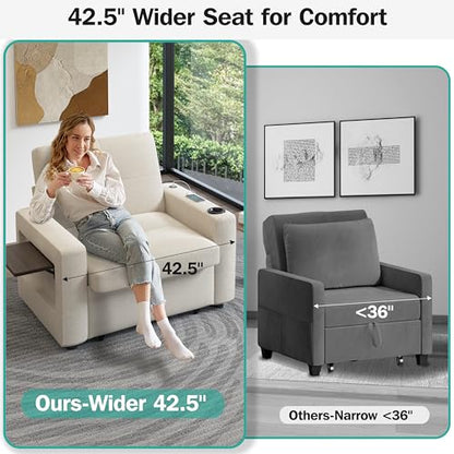 Sunny Heart 42.5" W Oversized Sleeper Chair Bed, 3-in-1 Convertible Reclining Sofa Chair with Pull Out Couch Bed, Adjustable Backrest, Side Pockets, Cup Holder, USB Ports & Side Table, Premium Beige - color: Beige, size: 42.5 inch