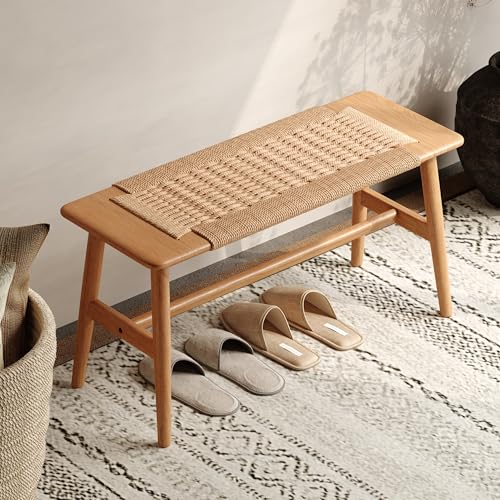 100% Solid Oak Wood Bench,Hand Woven Design,Solid Mortise and Tenon Construction-Solid Structure of Chair Legs,Woven Rattan Entryway Benchs/Dining Bench (Natural Oak,31.49”*11.81”*15.98”) - color: Beige, size: 31.49"