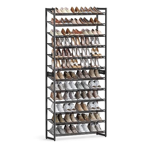 SONGMICS Shoe Rack, 12-Tier Shoe Organizer, Metal Shoe Storage for Garage, Entryway, Set of 2 6-Tier Stackable Shoe Shelf, with Adjustable Flat or Angled Shelves, Holds 48-60 Pairs, Black ULMR12B - color: Ink Black, size: 12 Tiers (36.4"W)