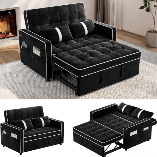 Yaheetech 3 in 1 Sofa Bed Convertible Sleeper Sofa with USB Ports, Black | Velvet Pull Out Couch Folding Loveseat Sleeper, Armrest Pillows, USB Ports, Side Pockets for Living Room Bedroom Apartment - color: Black