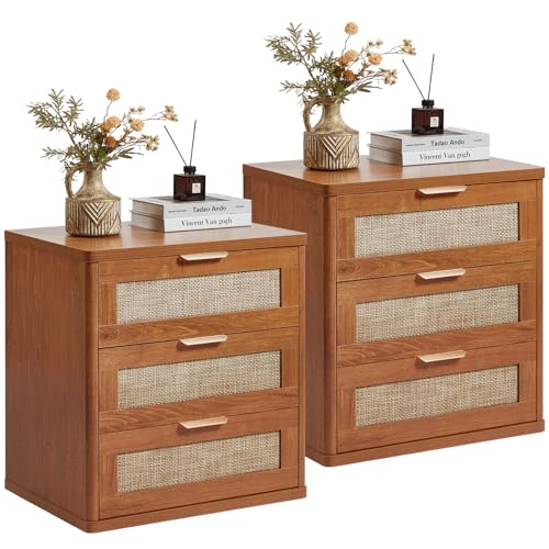 LEYAOYAO Rattan 23" Nightstands with Drawers for Bedroom | Gold Metal Handle, Storage Shelf, Brown Night Stand, Boho Bedside Table, Bed Side End Tables Living Room, Hallway - color: Tea Brown, size: 3 Drawers