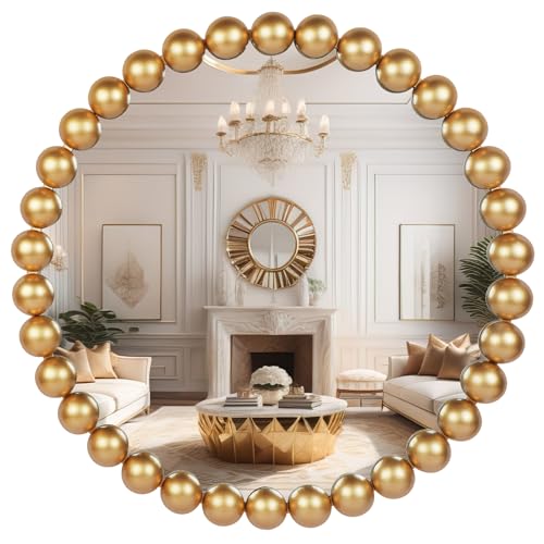 24 Inch Round Gold Wall Mirror Decorative Wall Mounted Mirror with Wood Beads – Decorative Circle Beaded Mirror for Bathroom, Living Room, Entryway, Bedroom, and Modern Farmhouse Wall Decor (Gold) - color: Gold