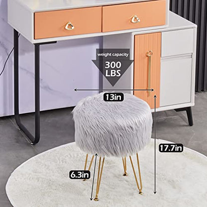 Faux Fur Storage Ottoman Round Furry Vanity Stool Marble Grain Tray Coffee Table Compact Footrest Stool with 4 Metal Legs Soft Makeup Seat Foot Stools for Living Room Bedroom Entryway Grey - color: Grey