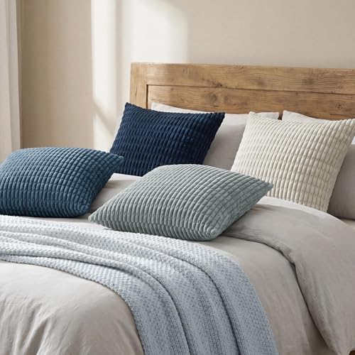 Softalker Throw Pillow Covers 18x18 Inch, Set of 4, Corduroy Soft Striped Farmhouse Boho Pillow Cover, Modern Decorative Cushion Pillow Case for Couch Sofa Bedroom Living Room, Grey/Blue | Soft Striped Farmhouse Boho Modern Home Decor Throw Pillow Covers