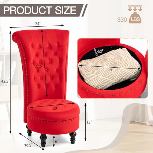 AVAWING High Back Velvet Tufted Throne Chairs with Storage Set of 2, Red | Tufted Nailhead Design; Hidden Storage; Soft Velvet; Sturdy Wood Legs 330Lbs; High Density Foam; Ergonomic Back - color: Red