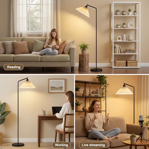 Floor Lamps for Living Room & Bedroom, 63" Modern Tall Standing Lamp, 3CCT | Rustic Pole Lamps for Home Office, Classroom, Bedside, Pleated Lampshade, Foot Switch, Easy Assembly (Bulb Included) - color: Black