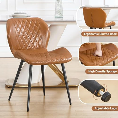 Dining Chairs Set of 2,Faux Leather Modern Dining Chairs with Thick Cushions, Upholstered Kitchen Side Chairs with Adjustable Metal Legs for Dining Room (Caramel) - color: Caramel, size: Set of 2