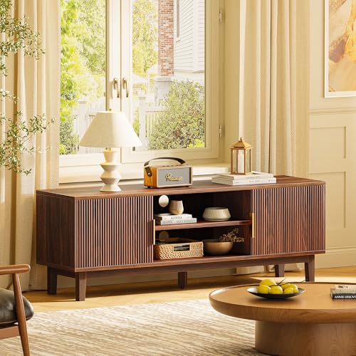 54 Inch Fluted TV Stand for TVs Up to 55, 60 Inch, Mid Century Modern Entertainment Center with Storage, TV Console with Adjustable Shelves, Midea Console for Living Room Bedroom, Brown - color: Walnut