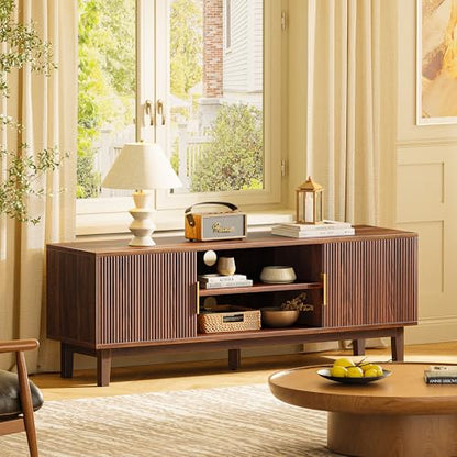 54 Inch Fluted TV Stand for TVs Up to 55, 60 Inch, Mid Century Modern Entertainment Center with Storage, TV Console with Adjustable Shelves, Midea Console for Living Room Bedroom, Brown - color: Walnut