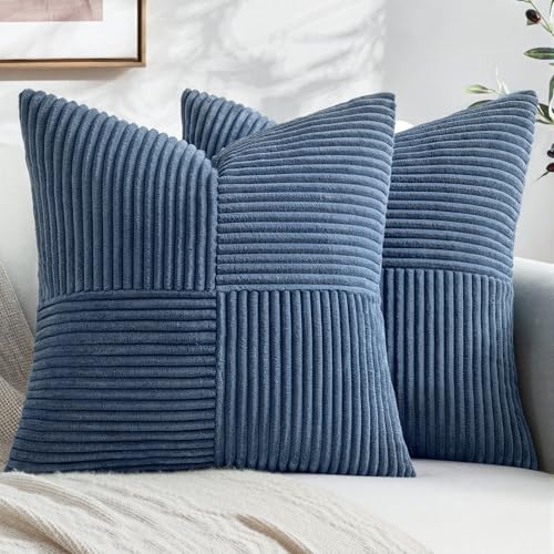 MIULEE Dusty Blue Decorative Throw Pillow Covers for Couch 18x18 Inch | 2 Pack, Boho Farmhouse Pillow Covers, Soft Cross Corduroy Patchwork Textured Cushion Cases For Bed Sofa - color: Dusty Blue, size: 18" x 18" (Pack of 2)