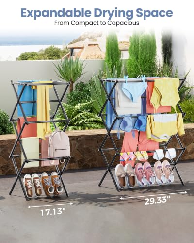 Oversize 3-Tier Clothes Drying Rack, No Install, Black | Expandable Design, Non-slip feet, Tool-free Setup, Rust Prevention, Sturdy Construction, 14.9" D x 29.3" W, Holds 24lbs - color: Black