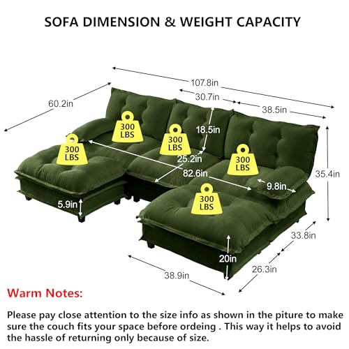 Modular Sectional U-Shaped Sofas,Roomy 3 Seater Sofa Couch with Ottomans,107.8" Chenille U Shape Cloud Couches,Modern Tufted Corner Sofa Set for Living Room - color: Green, size: 3+2