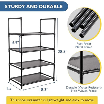 Sundaze Shoe Rack - 4 Tier Shoe Rack for Closet, Sturdy Stackable Shoe Organizer for Closet, Bedroom, Entryway, Garage, Non Woven Fabric Shelf, Black, Holds 8-12 Pairs - size: 4 Tier (18.3" W)