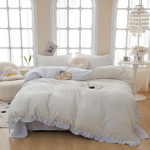 Floral Full Duvet Cover Blue Ruffle Boho Full Comforter Cover Light Weight Cotton Cute Cozy Duvet Cover Set with 2 Pillow Cases Striped Full Size Bedding Set Cottagecore Duvet Protector - color: A Ruffle Floral02, size: Full(Duvet Cover and 2 Pillows Sham