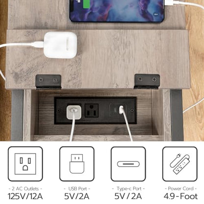 HOOBRO End Table with Charging Station, Narrow Side Table, Small Nightstand, Bedside Tables with Drawer and Storage Shelves, for Small Spaces, Living Room, Bedroom, Greige and Black BG041BZ01G1 - color: Greige+black