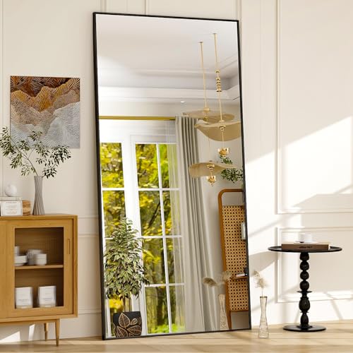 76"x34" Full Length Mirror Large Rectangle Full Body Mirror, Black | Aluminum Alloy Frame Freestanding Mirrors, Lean/Stand/Wall HD Tempered Glass Floor Mirror for Bedroom Living Room Dressing - color: Black, size: 76"L x 34"W