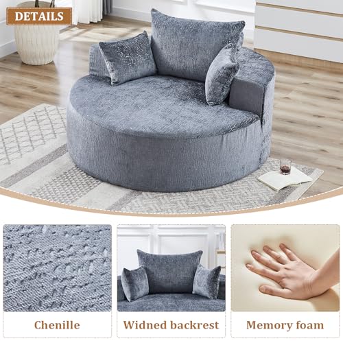 55" Oversized Round Chaise Longue Chair Indoor, Upholstered Chenille Circle Single Cloud Reading Sofa Chair Deep Seat Modern Boneless Sleeper Couch No Assembly Required, Grey - color: Grey, style: 55"Chenille