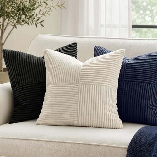 MIULEE Black Decorative Throw Pillow Covers for Couch 16x16 Inch | 2 Pack, Boho Farmhouse Pillow Covers, Soft Cross Corduroy Patchwork Textured Cushion Cases For Bed Sofa - color: Black, size: 16" x 16" (Pack of 2)