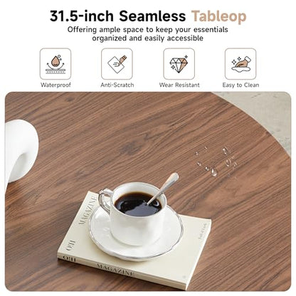 31.5" Round Coffee Table, Modern Fluted Accent Center Table with Metal Frame, Wooden Circle Coffee Tables for Living Room Small Space or Office (Walnut) - color: Walnut 31.5" Round