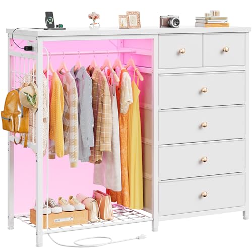 EnHomee 125cm W 드레서, 걸이용 랙 및 서랍 6개, 그리드 패널 및 후크 4개 포함 | LED 조명 및 충전 스테이션, 침실용 나무 상단 정리 유닛, 스틸 프레임이 있는 서랍장, 화이트 - color: 화이트.