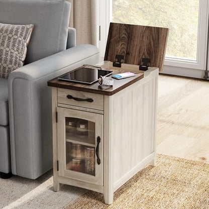 LINSY HOME End Table with Charging Station, Modern Farmhouse Wooden Side Table with Drawer, Detachable Holder, Extra Storage & Display Space, for Living Room and Bedroom, Glass Door, Washed Grey | Built-in Charging Station with USB & Outlet, Drawer Storag
