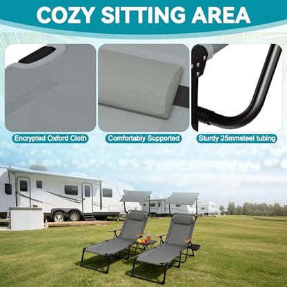 Beach Lounge Chair with Sun Shade, Folding Outdoor Chaise Lounge Chair with Arms, 4-Position Backrest, Extended Sun Tanning Chair Pillow & Cup Holder, Patio Lounger for Outside for Beach Pool(Gray-U) - color: Gray-u