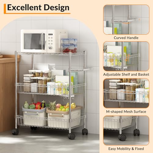 Chrome 3 Tier Rolling Storage Cart, Metal Wire Kitchen Cart with Baskets & Handle, Utility Trolley on Wheels for Kitchen, Bathroom, Laundry, Pantry & Office - color: Sliver