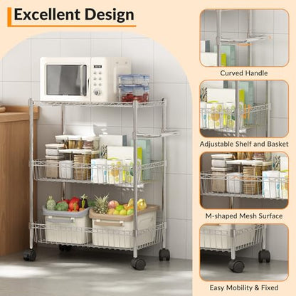 Chrome 3 Tier Rolling Storage Cart, Metal Wire Kitchen Cart with Baskets & Handle, Utility Trolley on Wheels for Kitchen, Bathroom, Laundry, Pantry & Office - color: Sliver
