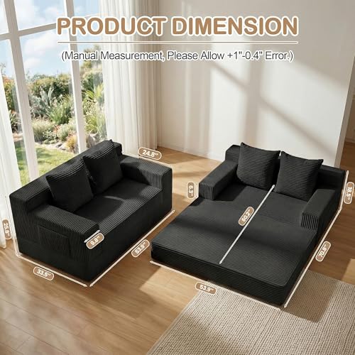 Boneless Loveseat Small Couch Bed, Futon Sleeper Sofa Bed,Convertible Pull Out Couch with 2 Pillows,Corduroy Folding Floor Couch for Living Room,No Assembly Required,Black - color: Black, size: 53.9inch