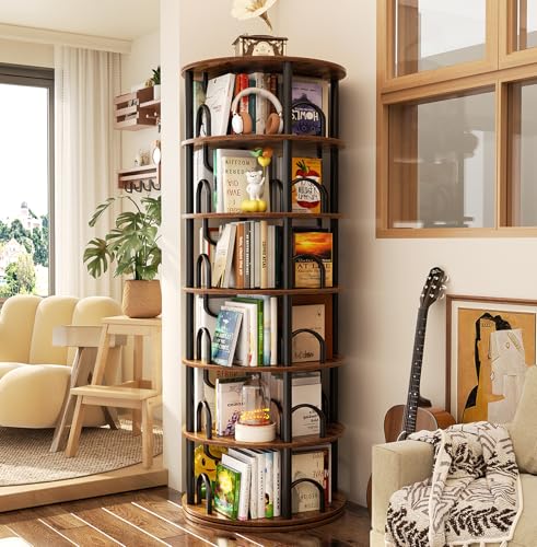 Aheaplus 6 Tier Rotating Bookshelf Tower, Revolving Bookcase, 360° Round Spinning Book Shelf, Narrow Swivel Bookshelves Vertical Turning Corner Bookshelf Organizer for Small Space, Rustic Brown - color: Rustic Brown, size: 6 Tier, 71" H