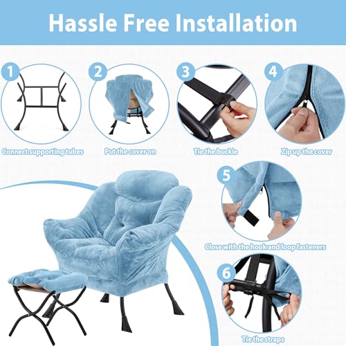 Youtanic Lazy Chair with Folding Ottoman, Accent Chair Plush Upholstered with Metal Structure and Non-Slip Pads, Sofa Armchair with Footrest and Side Storage Bag for Dorm, Room, Office, Blue - color: Plush Blue