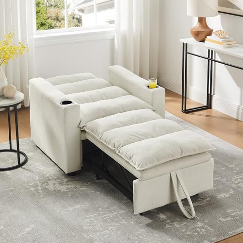 SLEERWAY 3 in 1 Convertible Sleeper Sofa Bed, 36.14" W Easy Pull Out Chair Bed with Dual Cup Holders, Comfy Thick Padding Futon Love Seat with Adjustable Backrest for Living Room Small Space (Beige) - color: Beige, size: 36.14"