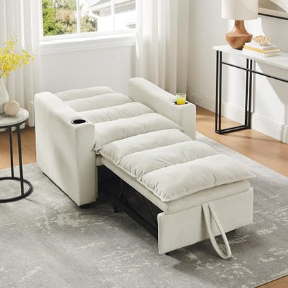 SLEERWAY 3 in 1 Convertible Sleeper Sofa Bed, 36.14" W Easy Pull Out Chair Bed with Dual Cup Holders, Comfy Thick Padding Futon Love Seat with Adjustable Backrest for Living Room Small Space (Beige) - color: Beige, size: 36.14"