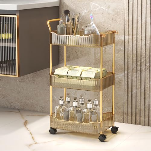 Acrylic Storage Trolley, Bathroom Kitchen Rolling Utility Cart Mobile Organization Shelves with Handle and Lockable Wheel(Gold,3 Tier) - color: Gold, size: 3 Tier