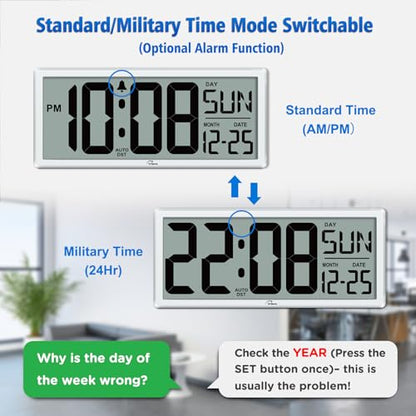 14.5'' Large Digital Wall Clock Battery Operated | Jumbo Numbers, Temperature and Date, Easy to Read and Set, Auto DST, Large Display for Garage, Office, Classroom - color: White