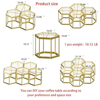 Hexagonal Modular Coffee Table, Gold Plated Frame, Tempered Glass Top, Geometric Accent Side Table, Multi-Purpose Nesting Table for Living Room Bedroom, Set of 3 - size: 3 Piece