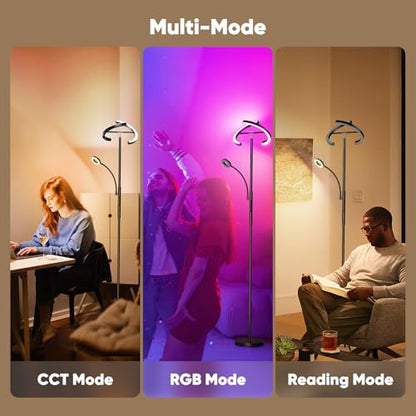 Upgraded RGBCW Floor Lamp with Reading Lamp, Rotatable Remote Control LED Standing Lamp Dimmable Floor Light Modern Standing Light for Living Room Bedroom Home Office, 36W, Black - color: RGB (Red, Green, Blue)