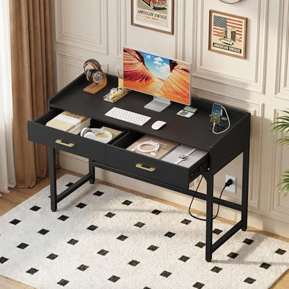 Small Desk with 2 Drawers & Charging Station, 39.4", Black | 2 AC & 2 USB Ports, Ball Bearing Drawer Slides, Compact Design for Bedrooms & Small Spaces