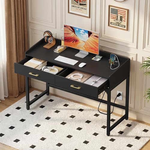 Small Desk with 2 Drawers & Charging Station, 39.4", Black | 2 AC & 2 USB Ports, Ball Bearing Drawer Slides, Compact Design for Bedrooms & Small Spaces