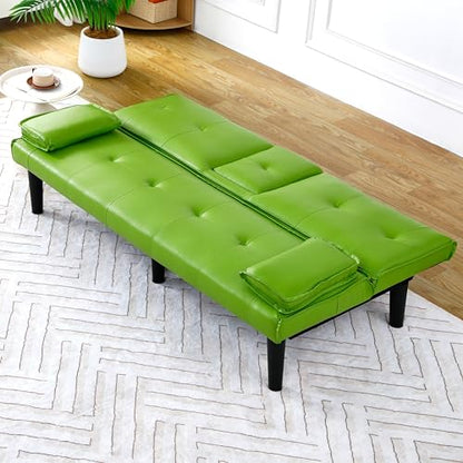 67" Futon Sofa Bed, Convertible Leather Futon Couch (Green) | Sleeper Bed Couches with Adjustable Backrest, Cup Holders, Comfy Folding Loveseat Couch for Small Spaces Living Room Office - color: Green