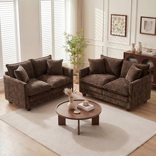 Loveseat Sofa Couch 2 Piece Set, Small Compact 50" Love Seat 27" Deep Cloud Sofa Set Washable Chenille Pillow Living Room Set for Apartment Office 50-Brown-2+2 - color: Brown, size: 50"+50"