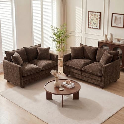 Loveseat Sofa Couch 2 Piece Set, Small Compact 50" Love Seat 27" Deep Cloud Sofa Set Washable Chenille Pillow Living Room Set for Apartment Office 50-Brown-2+2 - color: Brown, size: 50"+50"