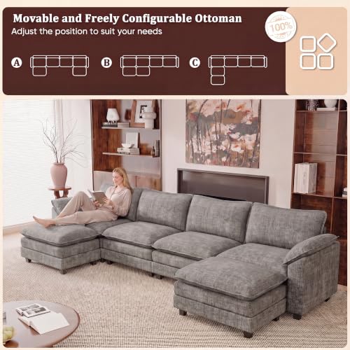 JUMMICO 159" U-Shaped Shaped Sectional Couch, Modular Cloud Sofa,Light Grey | 2 Movable Ottoman,4 Deep Seats, Sturdy Frame, Comfy Chenille, Easy Assembly, Sleeper Sofa for Living Room, Apartment - color: Light Grey, size: U Shaped Sofa