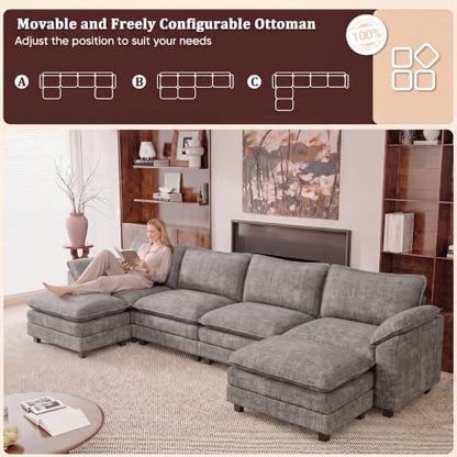 JUMMICO 159" U-Shaped Shaped Sectional Couch, Modular Cloud Sofa,Light Grey | 2 Movable Ottoman,4 Deep Seats, Sturdy Frame, Comfy Chenille, Easy Assembly, Sleeper Sofa for Living Room, Apartment - color: Light Grey, size: U Shaped Sofa
