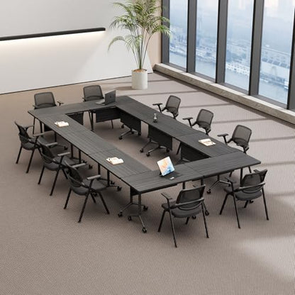 Folding Conference Table with Wheels, Flip Top Folding Conference Room Table for 2-12 Person, Mobile Training & Meeting Room Table, Modular Nesting Office Boardroom Desk with Lockable Casters - color: Ebony, size: 61in