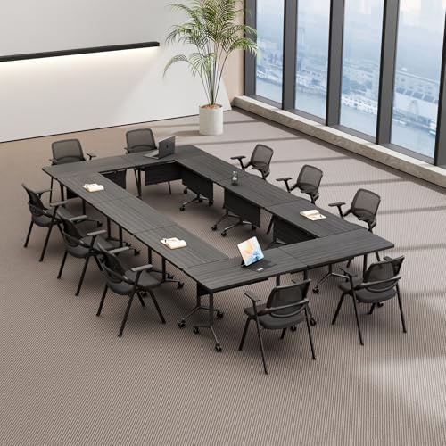 Folding Conference Table with Wheels, Flip Top Folding Conference Room Table for 2-12 Person, Mobile Training & Meeting Room Table, Modular Nesting Office Boardroom Desk with Lockable Casters - color: Ebony, size: 55.1in